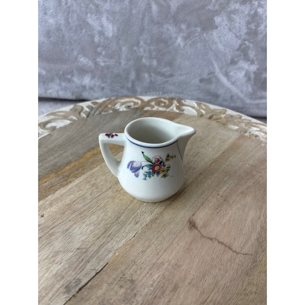Vintage Miniature Ceramic Floral Creamer Pitcher White Pink Blue Rose 2 Inch